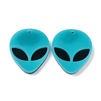 Opaque Acrylic Pendants, Alien Face, Sky Blue, 35.5x29.5x4mm, Hole: 1.8mm