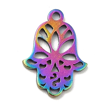 Ion Plating(IP) 201 Stainless Steel Pendants, Hamsa Hand Charms, Rainbow Color, 14x10x1mm, Hole: 1.2mm