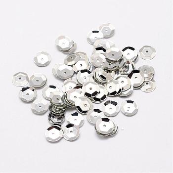 Plastic Paillette Beads, Semi-cupped Sequins Beads, Center Hole, Silver, 5x0.5mm, Hole: 1mm
