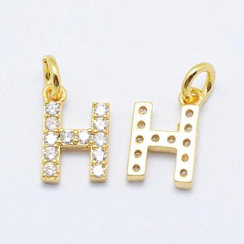 Brass Micro Pave Grade AAA Cubic Zirconia Charms, Letter H, Cadmium Free & Nickel Free & Lead Free, Real 18K Gold Plated, 9x6x1.5mm, Hole: 2mm