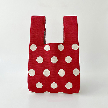 Polyester Polka Dot Knitted Tote Bags, Cartoon Crochet Handbags for Women, FireBrick, 36x20cm