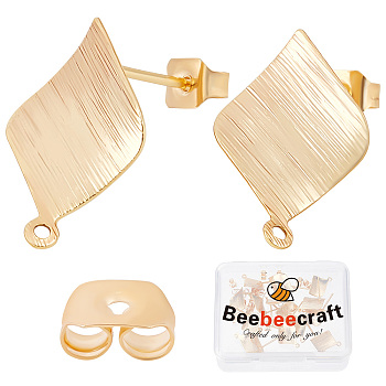 20Pcs Brass Stud Earring Findings, Nickel Free, Twist Rhombus, with 20Pcs Ear Nuts, Golden, 17x11.5mm, Hole: 1mm, Pin: 0.8mm