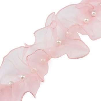 Polyester Pleated Lace Trim, with Plastic Pearl Beads, Pink, 5-1/8 inch(130mm)