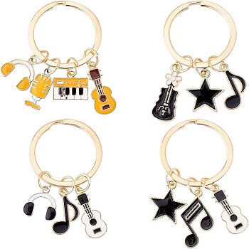 4Pcs 4 Style Alloy Enamel Keychains, with Iron Findings, Star & Guitar & Music Notes, Mixed Color, 5.4~5.7cm, 1pc/srtyle