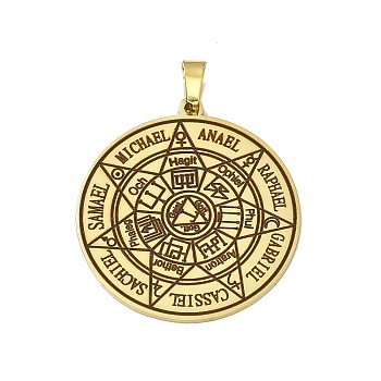 304 Stainless Steel Pendants, Flat Round with The Seven Archangels Charm, Golden, 38x35x1.5mm, Hole: 7.5x4mm