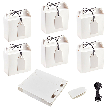 Foldable Rectangle Kraft Paper Cardboard Jewelry Boxes with Handle, Candy Gift Box with Black Ribbon and Gift Tag, for Wedding Party Package, White, Finished Product: 16.3x14.5x4cm, Unfold: 24x21x0.1cm