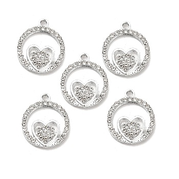 Alloy Rhinestone Pendants, Platinum Tone Hollow Out Flat Round with Heart Charms, Crystal, 22.5x18.5x2.5mm, Hole: 2.3mm