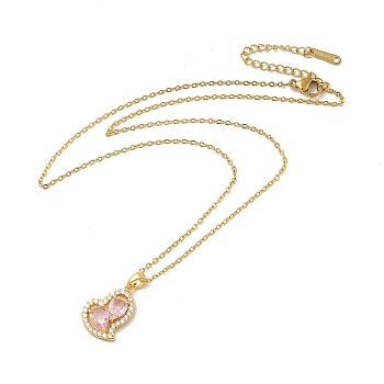 Pink Cubic Zirconia Pendant Necklace, Golden Brass Jewelry for Women, Heart Pattern, Heart: 18x12.5x4.5mm, 16.54 inch(42cm)