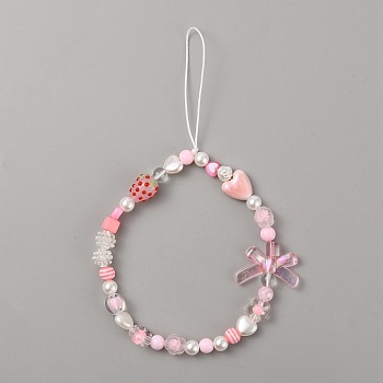 Resin Beaded Mobile Phone Lanyard Wrist Strap, Cute Phone Charm Strawberry Heart Bowknot Phone Anti-Lost Chain for Women Girls , Pink, 21~21.5cm