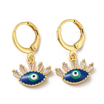 Real 18K Gold Plated Brass Dangle Leverback Earrings, with Enamel and Glass, Evil Eye, Medium Blue, 23x11.5mm