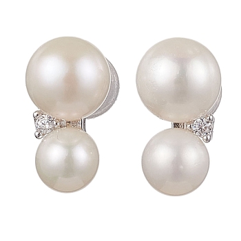 Natural Pearl Ear Studs, with Sterling Silver Micro Pave Clear Cubic Zirconia Findings, Round, Platinum, 12x7mm