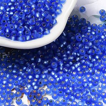 8/0 Glass Seed Beads, Frosted, Silver Lined, Round, Medium Blue, 3x2mm, Hole: 1mm