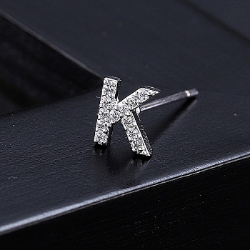 Platinum Brass Micro Pave Cubic Zirconia Stud Earrings, Initial Letter, Letter K, No Size