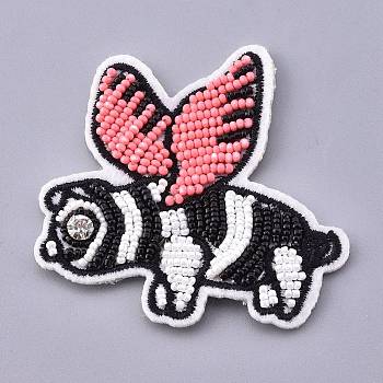 Computerized Embroidery Cloth Iron on/Sew on Patches, with Glass Seed Beads, Costume Accessories, Appliques, Insect, Colorful, 60.5x61.5x5.5mm