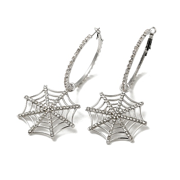 Halloween Alloy Tassels Hoop Earrings, with Rhinstone, Jewely for Women, Spider Web, Platinum, 86.5x41.5mm