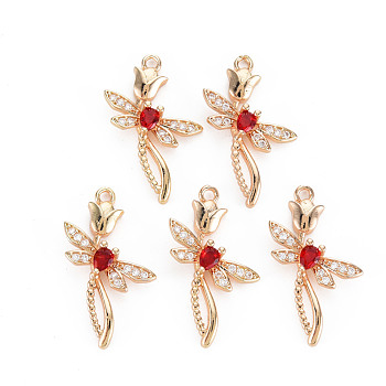Rack Plating Brass Micro Pave Clear Cubic Zirconia Pendants, with Faceted Glass, Long-Lasting Plated, Cadmium Free & Lead Free, Dragonfly with Flower, Red, 25.5x15.5x4mm, Hole: 1.5mm