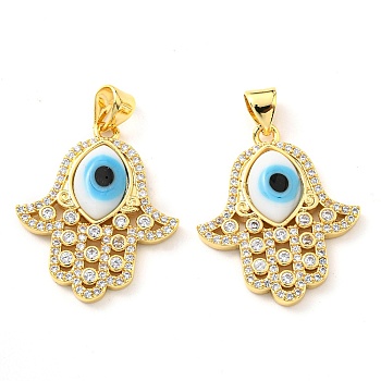 Brass Cubic Zirconia Pendants, with Lampwork, Real 18K Gold Plated, Hamsa Charm, White, 24x20.5x4mm, Hole: 5x3.5mm