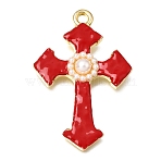 Brass Enamel Pendants, with ABS Imitation Pearl, Cross Charms, Rack Plating, Long-Lasting Plated, Lead Free & Cadmium Free, Real 18K Gold Plated, 44.5x29.5x6mm, Hole: 3mm(KK-K427-53G)