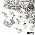60Pcs 6 Styles Tibetan Style Alloy Pendants, Money Theme Charms, Antique Silver, 16~21x7.5~13x1~4mm, Hole: 1~2.8mm, 10pcs/style(FIND-YW0006-51)