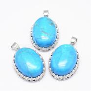 Synthetic Turquoise Pendants, with Brass Findings, Oval, Platinum, 30x21x10~11mm, Hole: 6x4mm(G-D851-07)