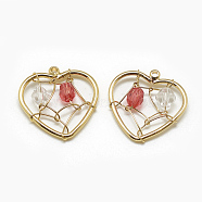 Brass Pendants, with Glass Beads, Heart, Real 18K Gold Plated, Red, 18x17x4mm, Hole: 1mm(X-KK-T032-062G-03)