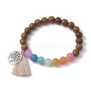 Natural Dyed White Jade & Wood Round Beaded Stretch Bracelet, with Alloy Tree of Life Charms, Colorful, Inner Diameter: 2 inch(5.2cm)(BJEW-JB10056)