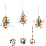 GORGECRAFT 6Pcs 6 Styles Wooden Christmas Ornaments, Wood Holiday Hanging Decorations with Rope, Mixed Shapes, Mixed Color, 1pc/style(WOOD-GF0001-51)