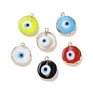 Handmade Lampwork Pendants, with Golden Plated Brass Findings, Cadmium Free & Lead Free, Flat Round with Evil Eye, Mixed Color, 21x18x4.5mm, Hole: 1.6mm(LAMP-P057-03G)