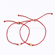 Mother's Day Jewelry, Mother and Daughter Adjustable Nylon Thread Slider Bracelets Sets, with Brass Beads, Heart, Golden, Red, Inner Diameter: 2-1/2~3-1/4 inch(6.25~8.3cm), 2pcs/set(BJEW-JB06189-01)