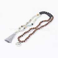 Natural Amazonite, Lava Rock and Wood Beaded Necklaces, with Alloy, Tassel Pendants Burlap Bag Packing, Om Symbol, 40.1 inch(102cm)(NJEW-JN02026)
