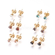304 Stainless Steel Stud Earrings, with Rhinestone and Ear Nuts/Earring Back, Flat Round, Mixed Color, Golden, 15.5x6.5mm, Pin: 0.7mm, 12pairs/card(EJEW-I229-02G-B)
