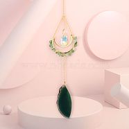 Natural Green Aventurine Chip Wrapped Moon Hanging Ornaments, Glass Teardrop and Agate Slices Tassel Suncatchers for Home Outdoor Decoration, 430mm(PW-WG89822-04)