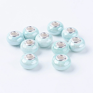 Rondelle porcelaine main turquoise grand trou perles européennes, avec noyaux double de couleur argente en alliage , 15x11mm, Trou: 5mm(X-OPDL-G001-1)