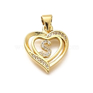 Rack Plating Brass Micro Pave Cubic Zirconia Pendants, Long-Lasting Plated, Lead Free & Cadmium Free,Real 18K Gold Plated, Heart with Letter Charms, Letter S, 17.5x15x2.5mm, Hole: 5x3mm(KK-L226-101G-S)