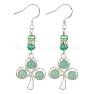Natural Green Aventurine & Glass Beaded Clover Dangle Earrings, 304 Stainless Steel Wire Wrap Earrings, 57x20mm(EJEW-TA00250)