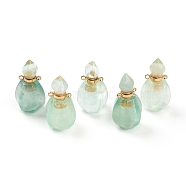 Faceted Natural Fluorite Pendants, Openable Perfume Bottle, with Golden Tone Brass Findings, 32~33x17~18x16mm, Hole: 2mm, capacity: 1ml(0.03 fl. oz)(G-H252-B03)