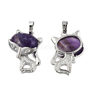 Natural Amethyst Pendants, with Platinum Plated Brass Findings, Cat Charm, 30.5x25x9mm, Hole: 5x7.5mm(G-N333-012B)