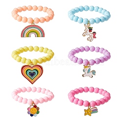 Candy Color Acrylic Round Beads Stretch Bracelets Set with Rainbow Color Enamel Charms for Kids, Mixed Color, Inner Diameter: 1-3/4 inch(4.6cm), 6pcs/set(BJEW-PH01488)