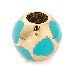 Ion Plating(IP) 304 Stainless Steel European Beads, with Enamel, Large Hole Beads, Round with Heart, Golden, Turquoise, 10.5mm, Hole: 4.5mm(OPDL-L013-01F)
