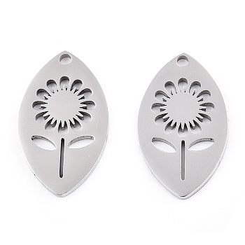 304 Stainless Steel Pendants, Laser Cut, Horse Eye with Flower Charm, Stainless Steel Color, 20x12x1.5mm, Hole: 1.5mm