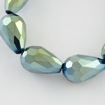 Electroplate Glass Bead Strands, Faceted, teardrop, Green Plated, 12x8mm, Hole: 1mm, about 60pcs/strand, 27.5 inch