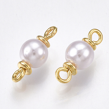 Brass Links connectors, with ABS Plastic Imitation Pearl, Round, Real 18K Gold Plated, 12x5mm, Hole: 1.4mm