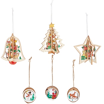 GORGECRAFT 6Pcs 6 Styles Wooden Christmas Ornaments, Wood Holiday Hanging Decorations with Rope, Mixed Shapes, Mixed Color, 1pc/style
