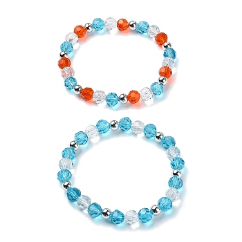 2Pcs 2 Color Glass Beaded Stretch Bracelets Sets, Stackable Bracelets, Deep Sky Blue, Inner Diameter: 2-3/8 inch(61mm), 1Pc/color