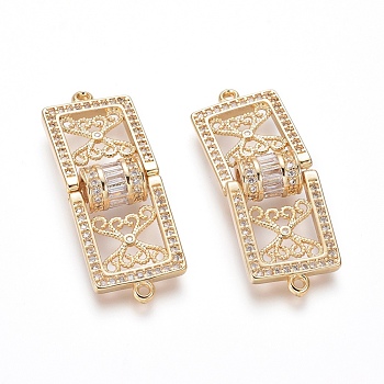 Brass Micro Pave Cubic Zirconia Links connectors, Rectangle, Golden, Clear, 36x13x2mm, Hole: 1.2mm