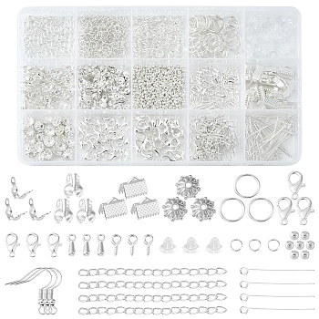 DIY Jewelry Making Finding Kit, Including Brass Bead Tips & Crimp Beads, Iron Chain Extender & Jump Rings & Ribbon Crimp Ends & Pins & Earring Hook, Alloy Clasps & Charms, Plastic Ear Nuts, Silver