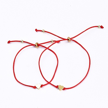 Mother's Day Jewelry, Mother and Daughter Adjustable Nylon Thread Slider Bracelets Sets, with Brass Beads, Heart, Golden, Red, Inner Diameter: 2-1/2~3-1/4 inch(6.25~8.3cm), 2pcs/set