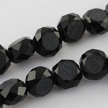 Frosted Glass Bead Strands, Faceted, Flat Round, Black, 8x4~5mm, Hole: 1mm