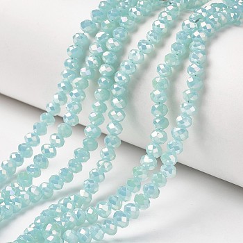 Electroplate Glass Beads Strands, Imitation Jade Beads, Full Rainbow Plated, Faceted, Rondelle, Aquamarine, 6x5mm, Hole: 1mm, about 85~88pcs/strand, 16.1~16.5 inch(41~42cm)