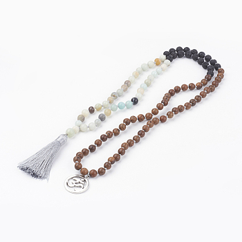 Natural Amazonite, Lava Rock and Wood Beaded Necklaces, with Alloy, Tassel Pendants Burlap Bag Packing, Om Symbol, 40.1 inch(102cm)